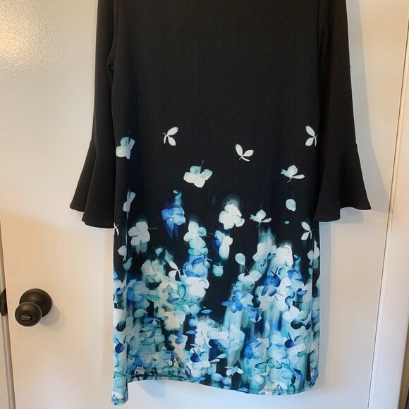 Black & Blue Floral 3/4 Bell Sleeve Dress by Elle Sz S - Picture 6 of 7